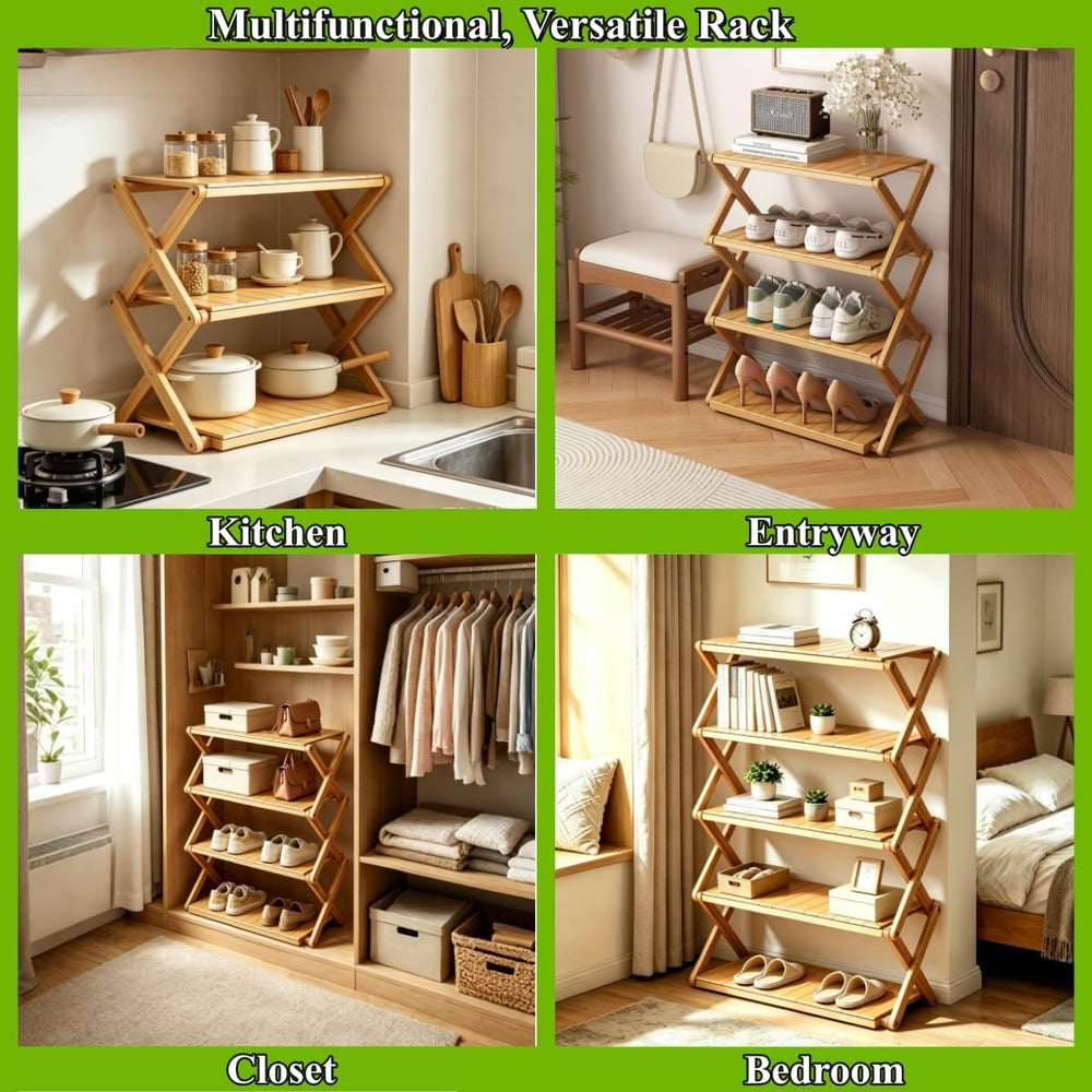 3 Tier Foldable Shoe Rack, No-Assembly Bamboo Shoe Organizer Multifunctional ...