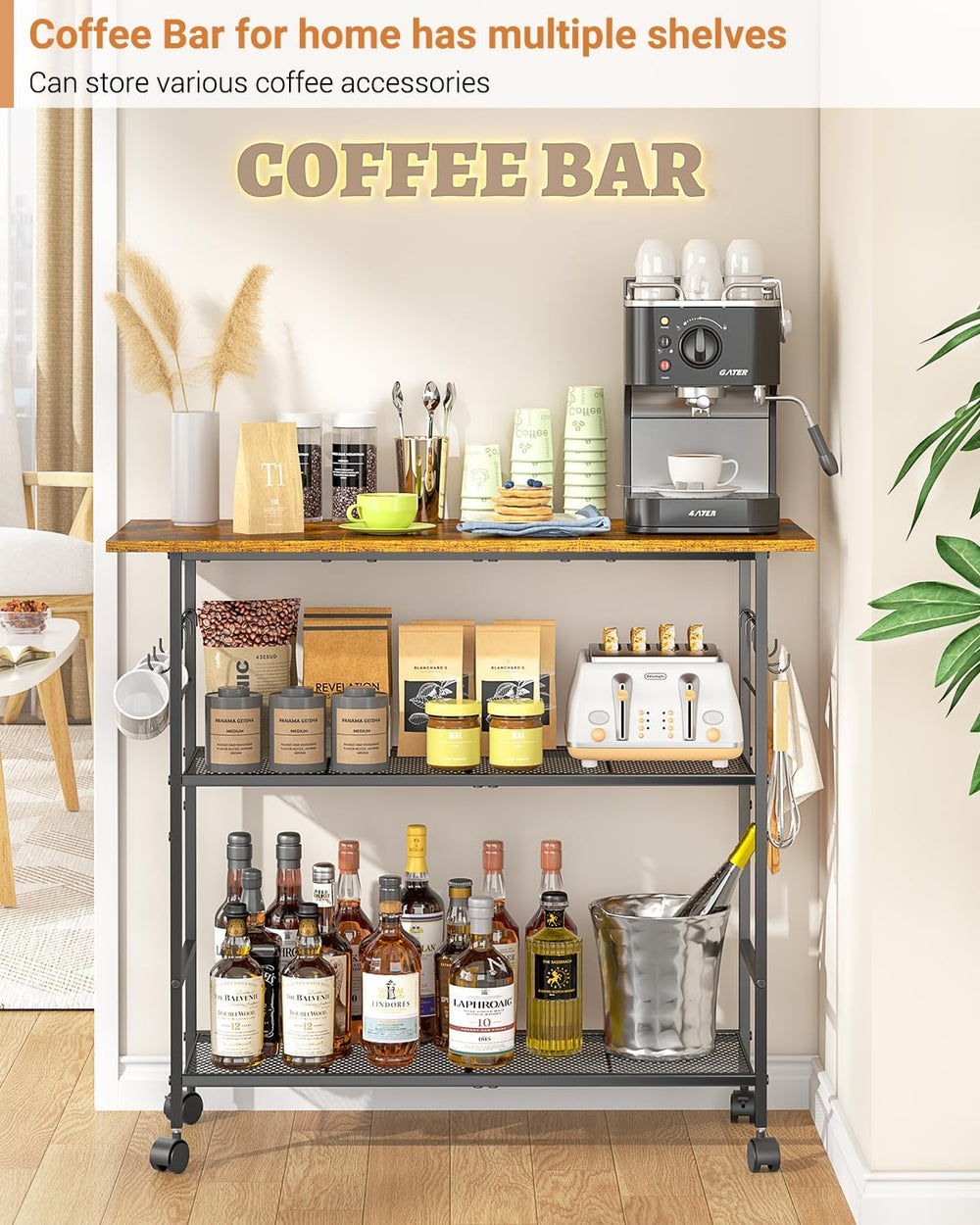 Kitchen Island with 3 Shelves, Rolling Kitchen Cart with 6 Hooks and Protecti...