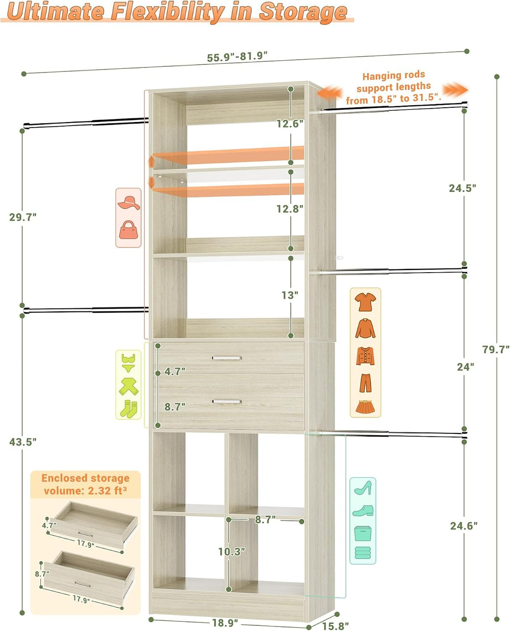 Besiost Small Closet System, 3.2-6.8FT Small Closet Organizer with 5 Hanging ...