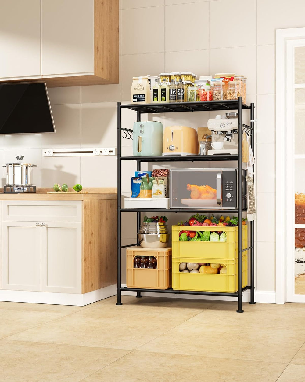 Sakugi 4-Tier Storage Shelves with 6 Hooks, 33.2" x 12.7" x 57.3&qu...