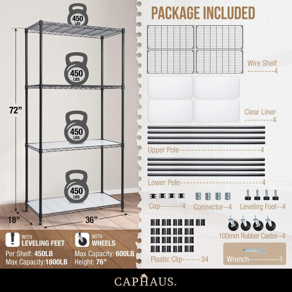 CAPHAUS NSF Heavy Duty Wire Shelving w/Wheels, Leveling Feet & Liners, St...