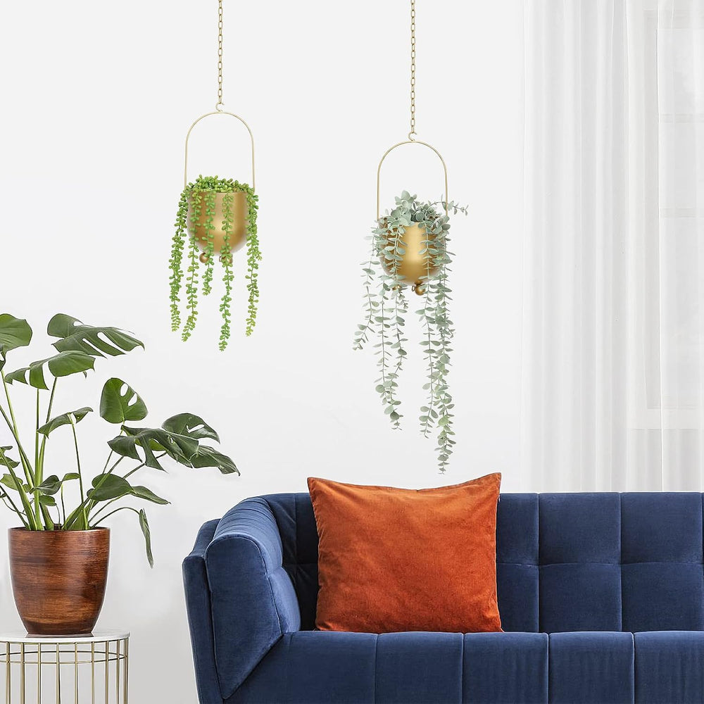 Boho Gold Metal Hanging Planters, Set of 2 with Hooks & Chains - Versatil...