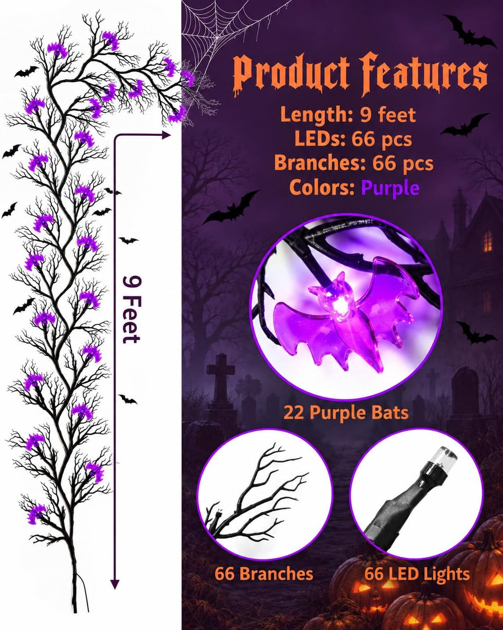 Halloween Twig Garland Decoration with 66 Purple LED Lights, 9 FT