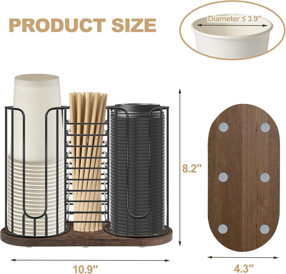 3-Compartment 18oz Coffee Cup Dispenser Rack with Wood Base, Disposable Cup, ...