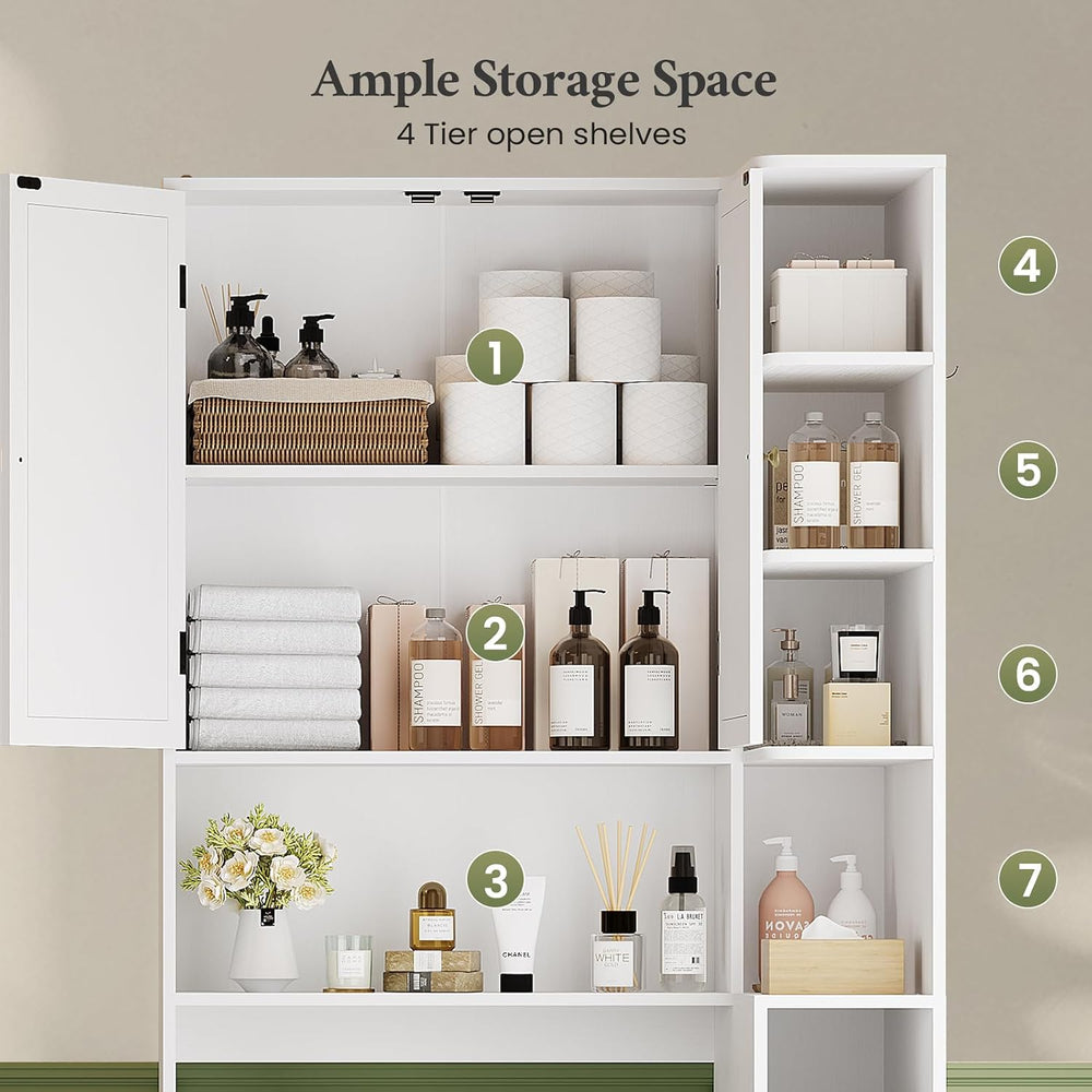 7-Tier L-Shaped Wooden Over the Toilet Storage Cabinet with Doors