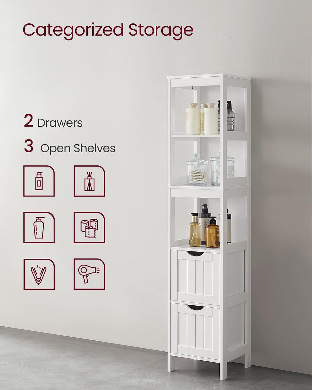 VASAGLE Bathroom Floor Cabinet, 2 Drawers, 55.7”H, White