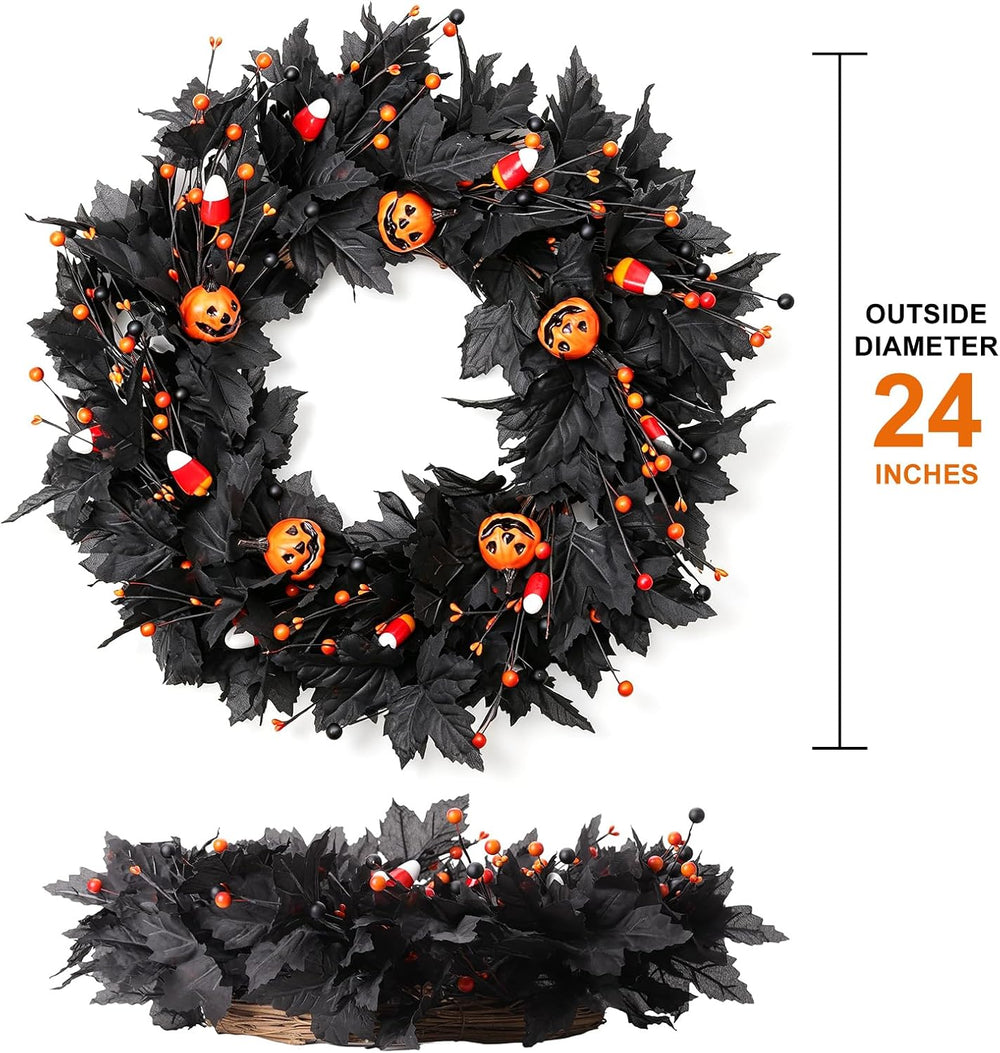 Pumpkin Halloween Wreath 24 Inch Black Maple Leave Wreaths for Front Door wit...