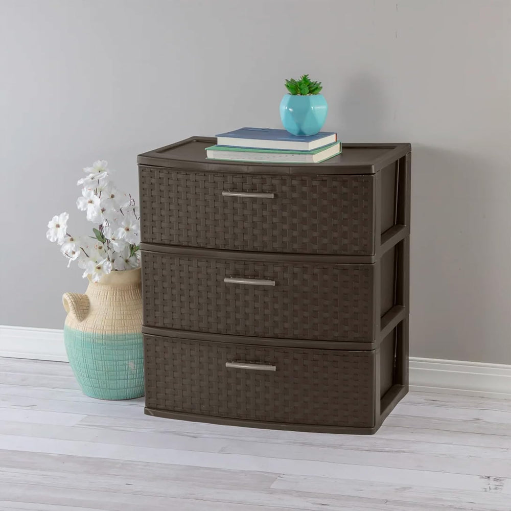 Sterilite Wide 3 Drawer Weave Tower, Home Organizer, Espresso