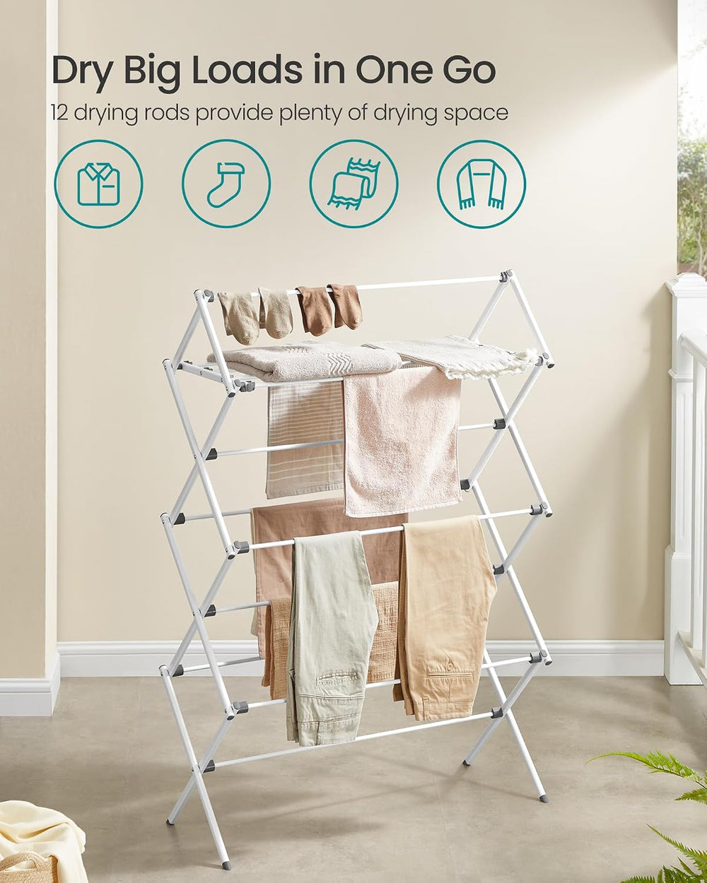 SONGMICS Foldable Clothes Drying Rack, 36.6 x 14.6 x 53.2 Inches