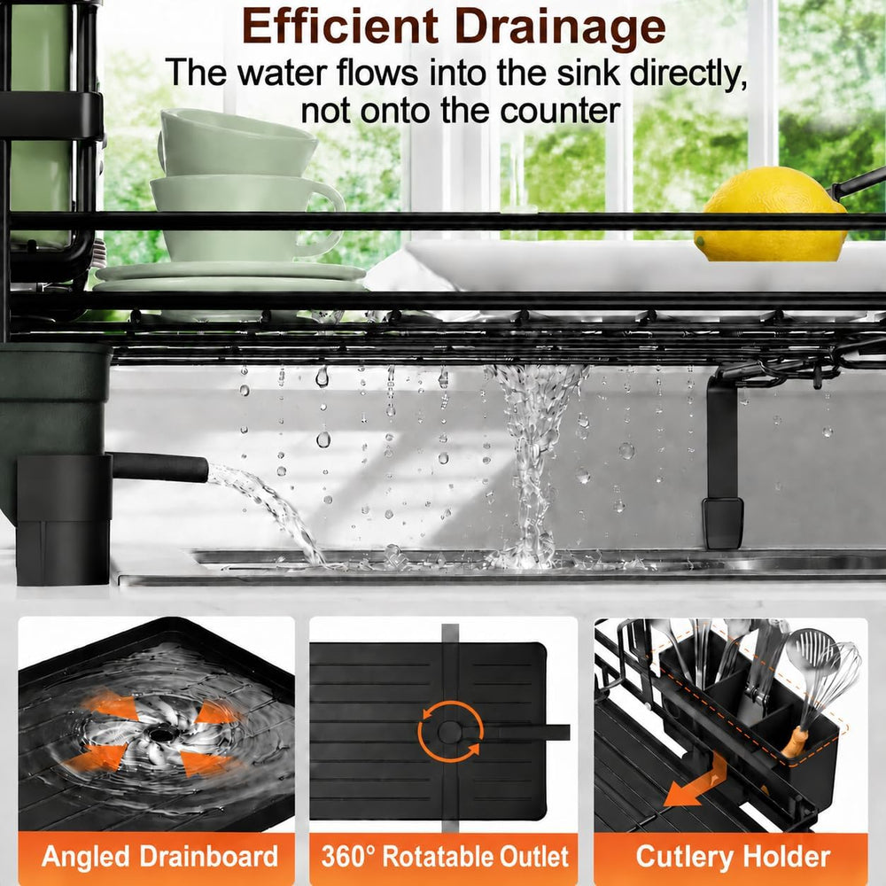 2-Tier Expandable Dish Drying Rack for Kitchen Counter and Over Sink, Black