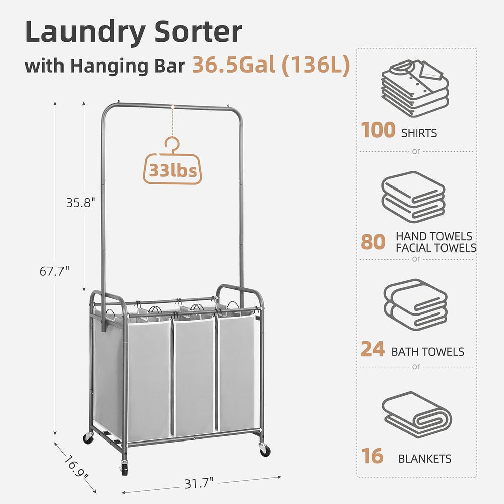 STORAGE MANIAC 136L Laundry Sorter with Hanging Bar, Portable, Removable Laun...