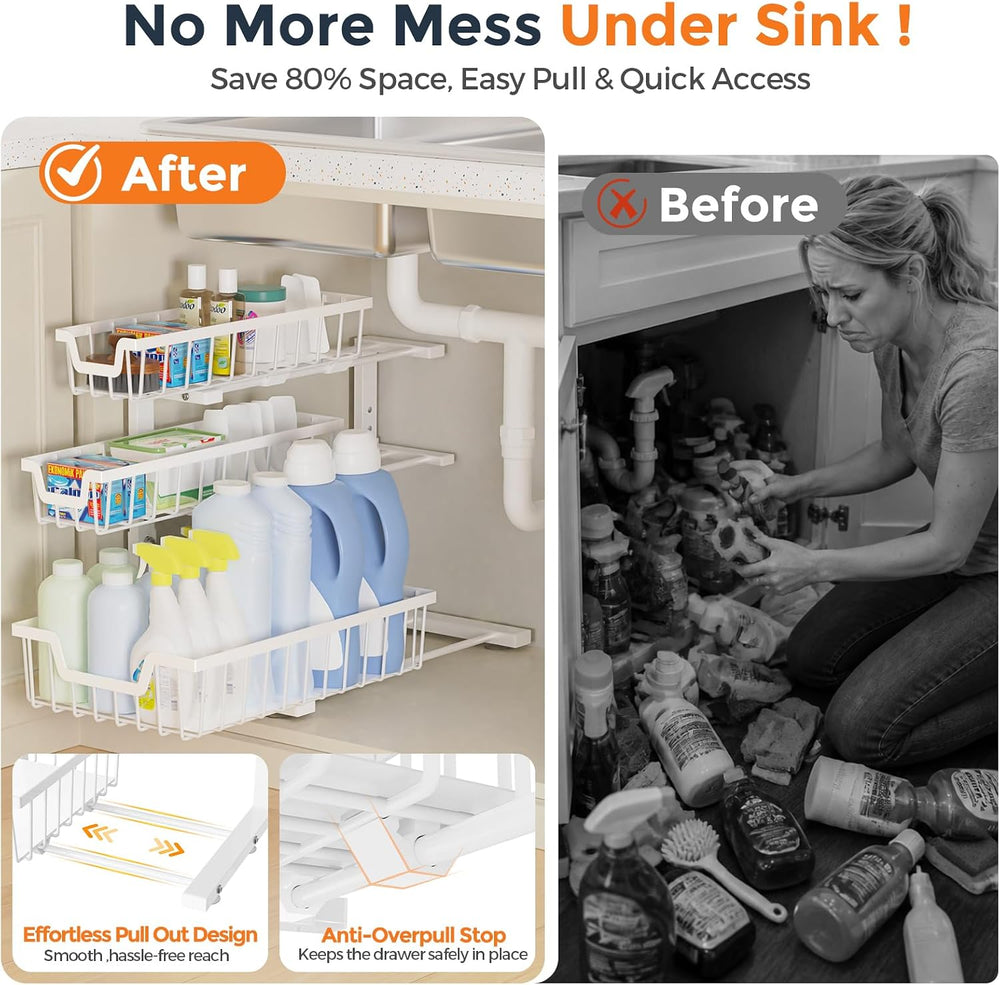 Under Sink Organizer, 2-Pack 3-Tier Height Adjustable Thickened Metal Pull ou...
