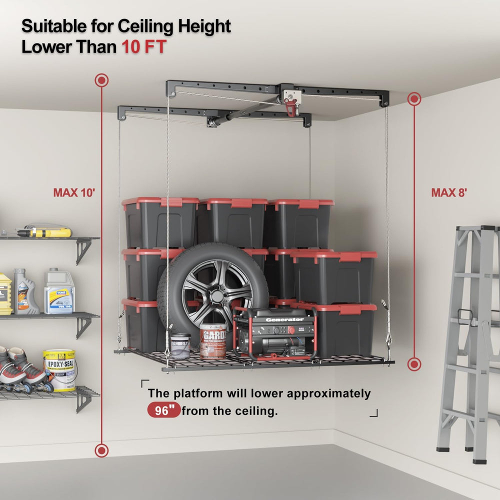 Overhead Garage Storage Rack for 8-10 FT Ceiling, Heavy-duty 4x4 FT Ceiling S...