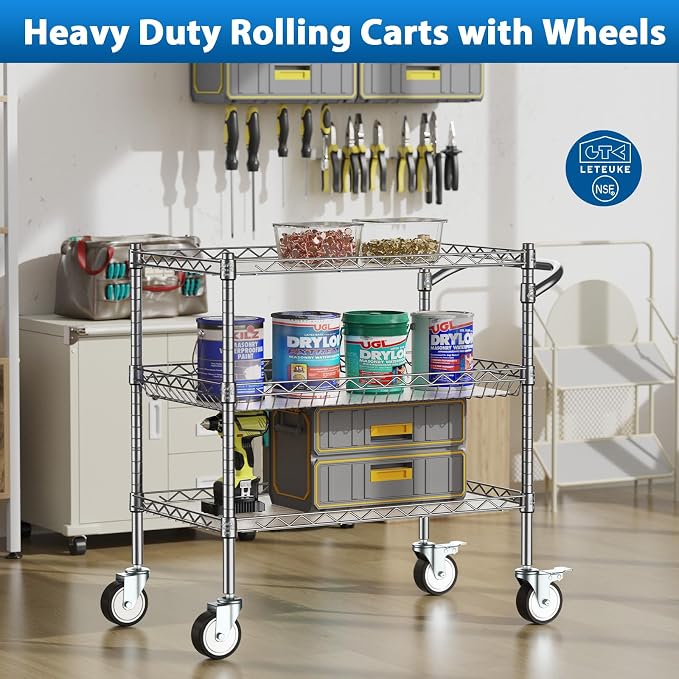Leteuke Heavy Duty 3 Tier Rolling Utility Cart, NSF Certified 990Lbs Capacity