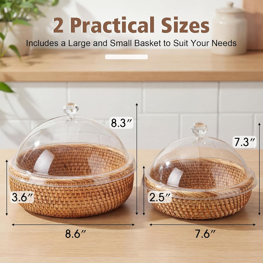 LemonRoad 2 Pcs Natural Rattan Bread Baskets with Acrylic Lid 8.6'' 7...