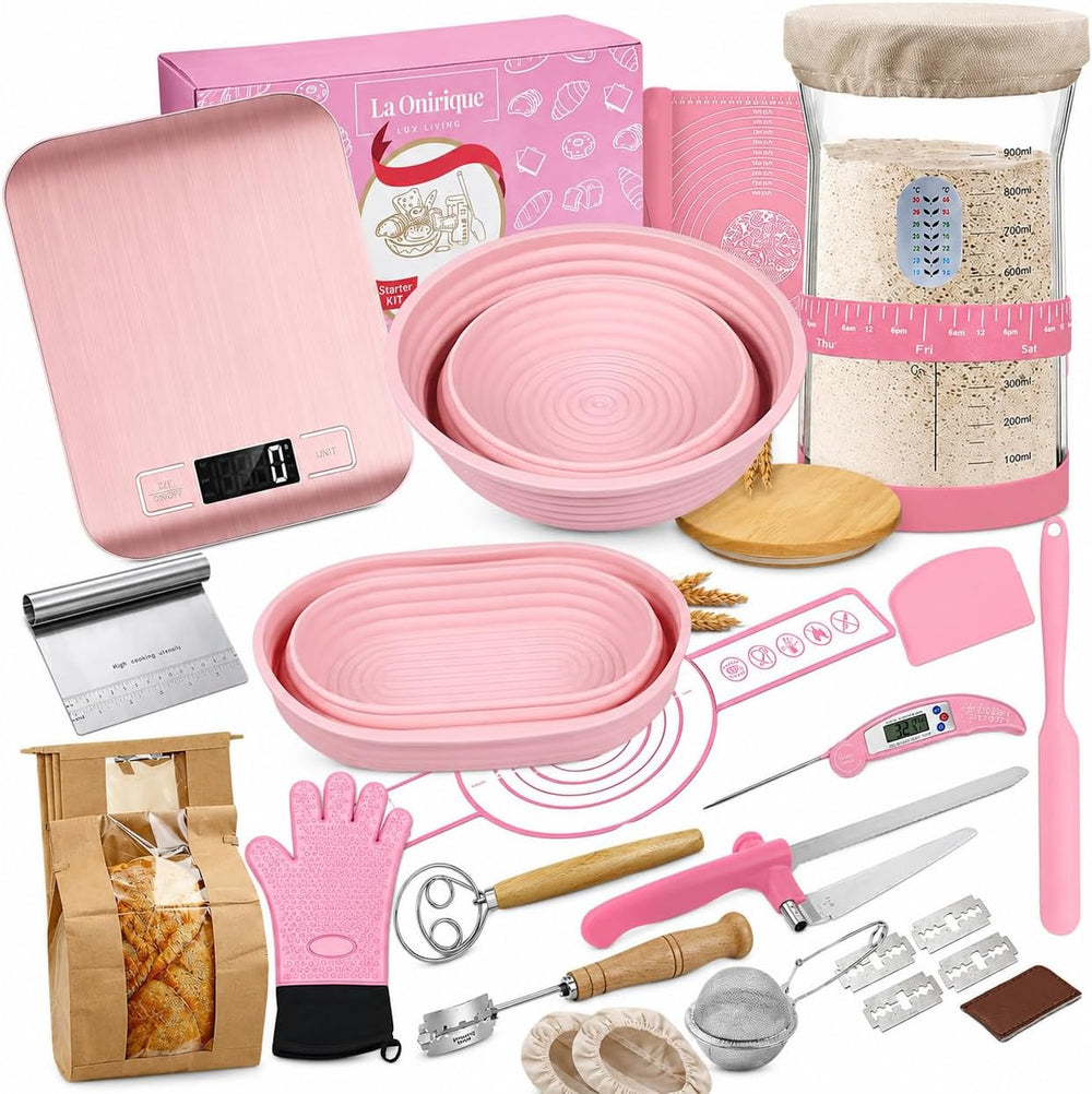 Pink Sourdough Starter Kit with Silicone Proofing Baskets, 36oz Starter Jar, ...