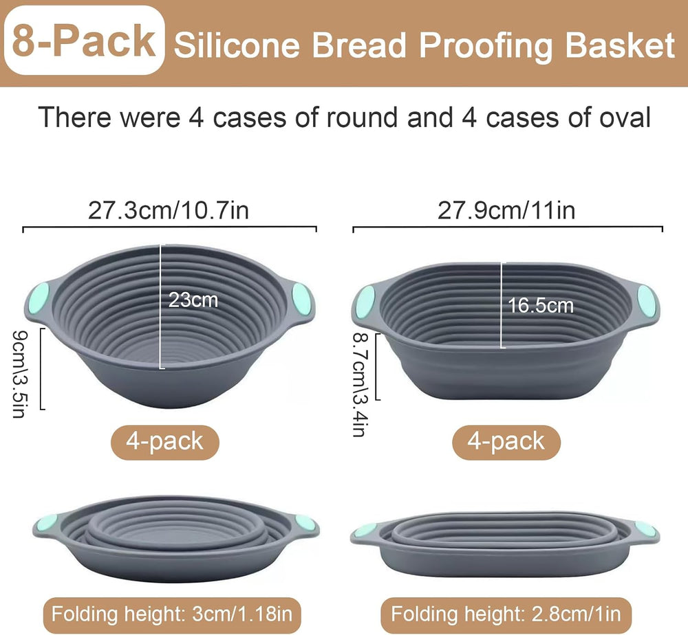 8 Pack Silicone Banneton Bread Proofing Basket, 10" Oval & 9" R...
