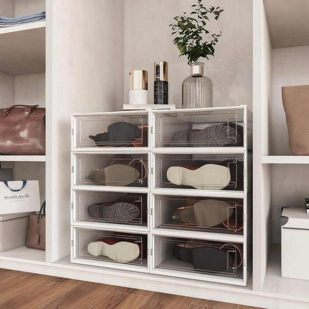 4-Piece Boot and Shoe Storage Box, Stackable Clear Plastic Shoe Box, Space-Sa...