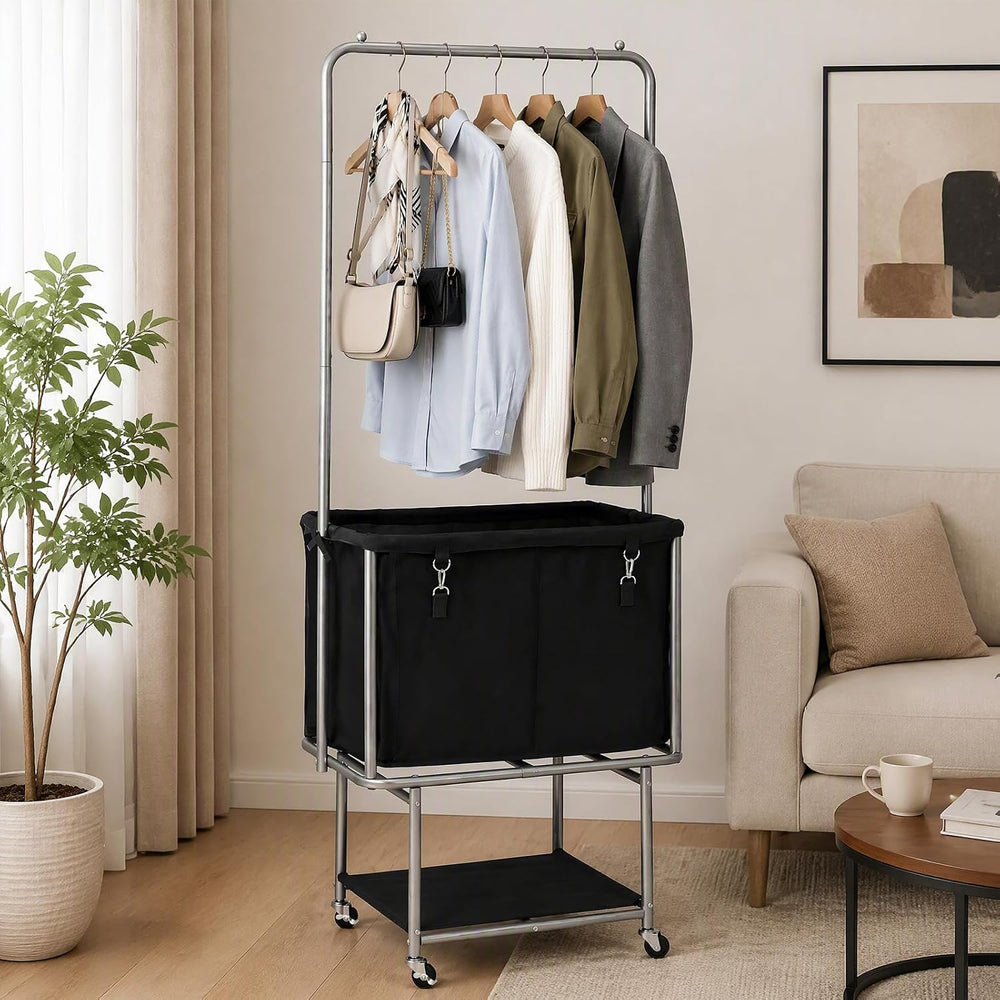 Rolling Laundry Cart 110L With Hanging Bar & Storage Shelf, Black