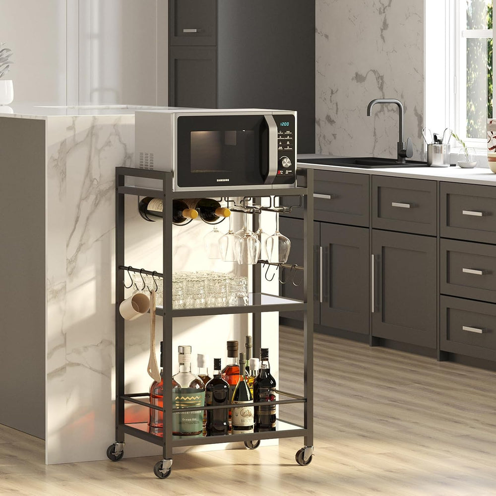 TUTOTAK Bar Cart with 3 Mirrored Shelves, Wine Rack & Glass Holder