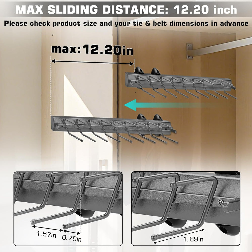 Sliding Tie Racks, 18 Tie Hanger 16.5'' Pull Out Belt Rack for Closet