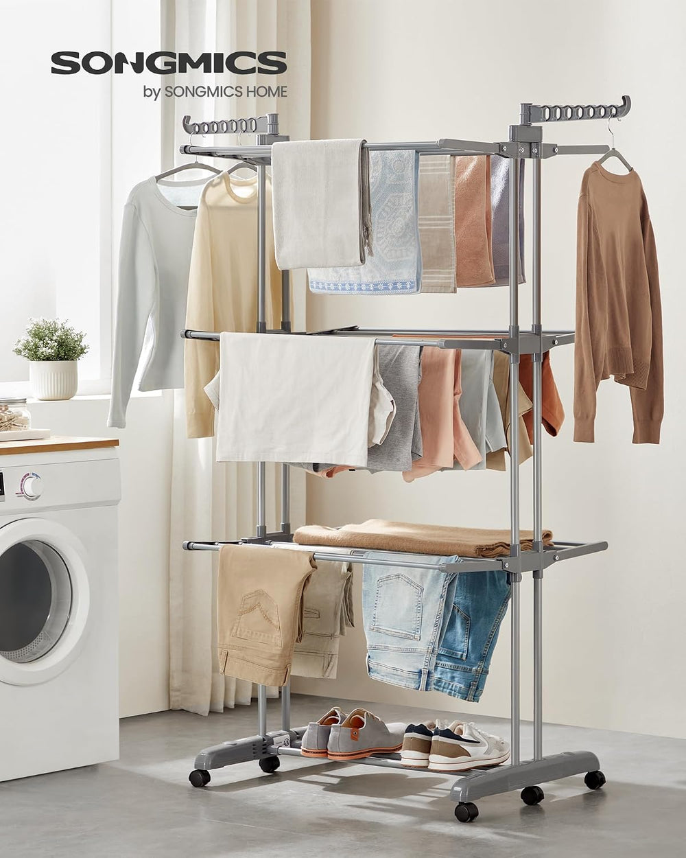 SONGMICS 4-Tier Clothes Drying Rack, Foldable, Rolling, 67.9-Inch Tall