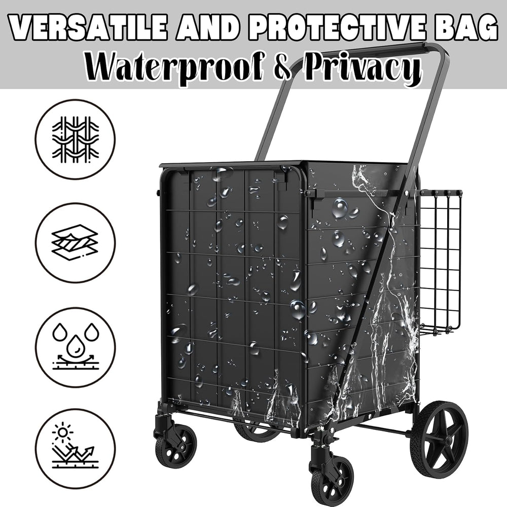 Foldable Shopping Cart with Waterproof Bag, Swivel Wheels & Double Basket