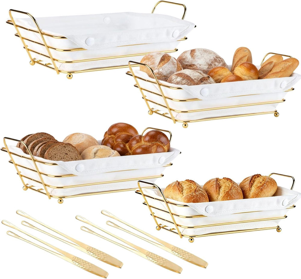 4 Pcs Metal Bread Serving Basket with Liner Cloth,Gold Baskets with Tongs for...
