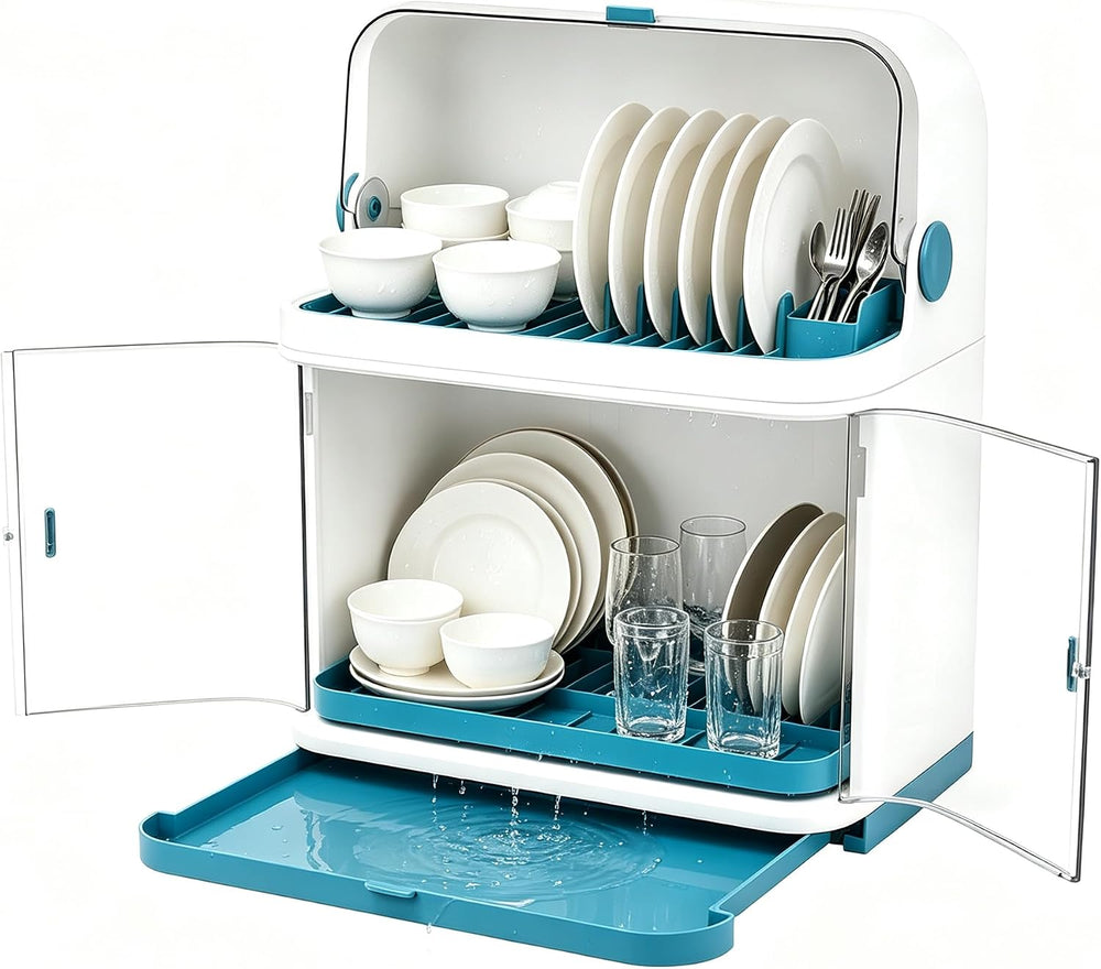 2-Tier Dish Dryer Rack with Cover & Drainboard Utensil Organizer with Lid...