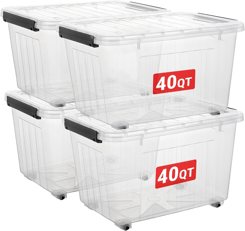 Cetomo Plastic Storage Bins, Lidded Storage Box with Wheels for Home Office D...