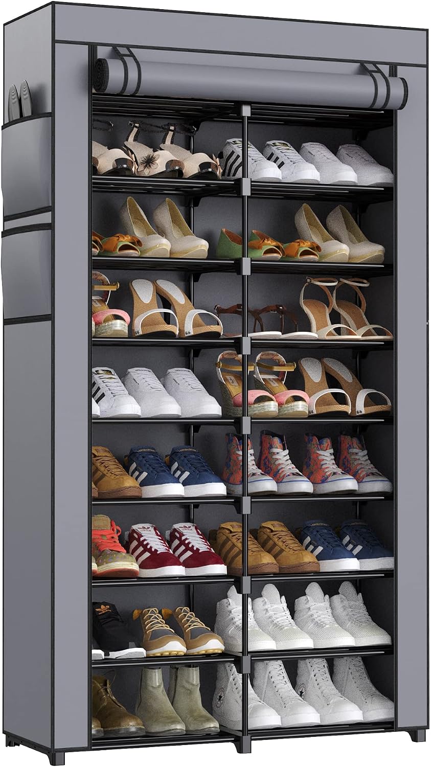 9-Tier Tall Black Shoe Rack, 36-40 Pairs with Gray Cover