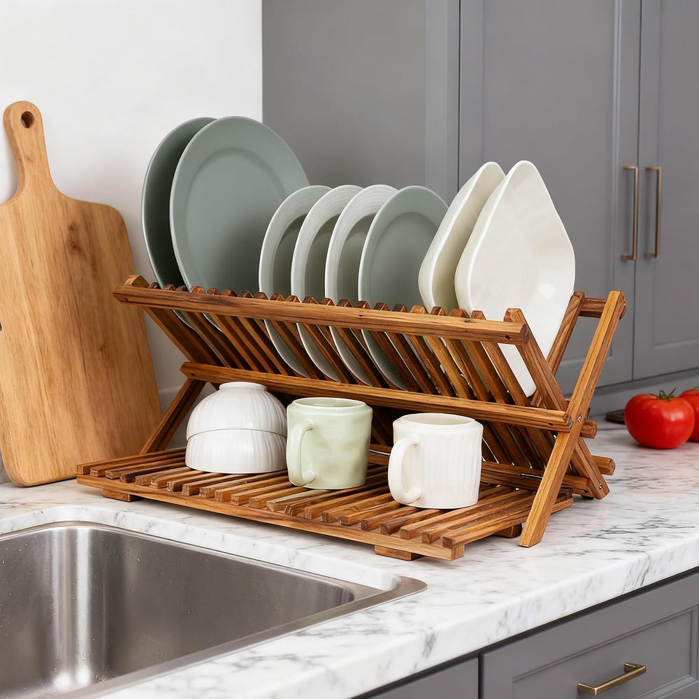 Utoplike Large Teak Dish Drying Rack, Wood Collapsible Organizer for Plates