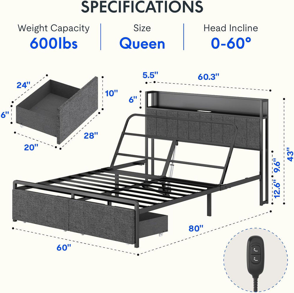 FLEXISPOT Queen Adjustable Bed with Storage Headboard and Charging