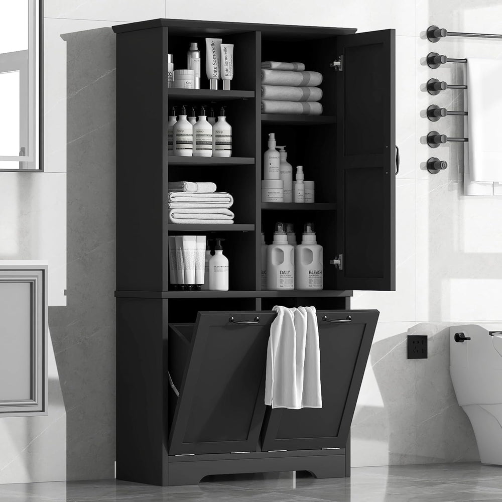 Virubi Tall Laundry Cabinet with 2 Tilt Out Laundry Hamper, Wood Bathroom Sto...