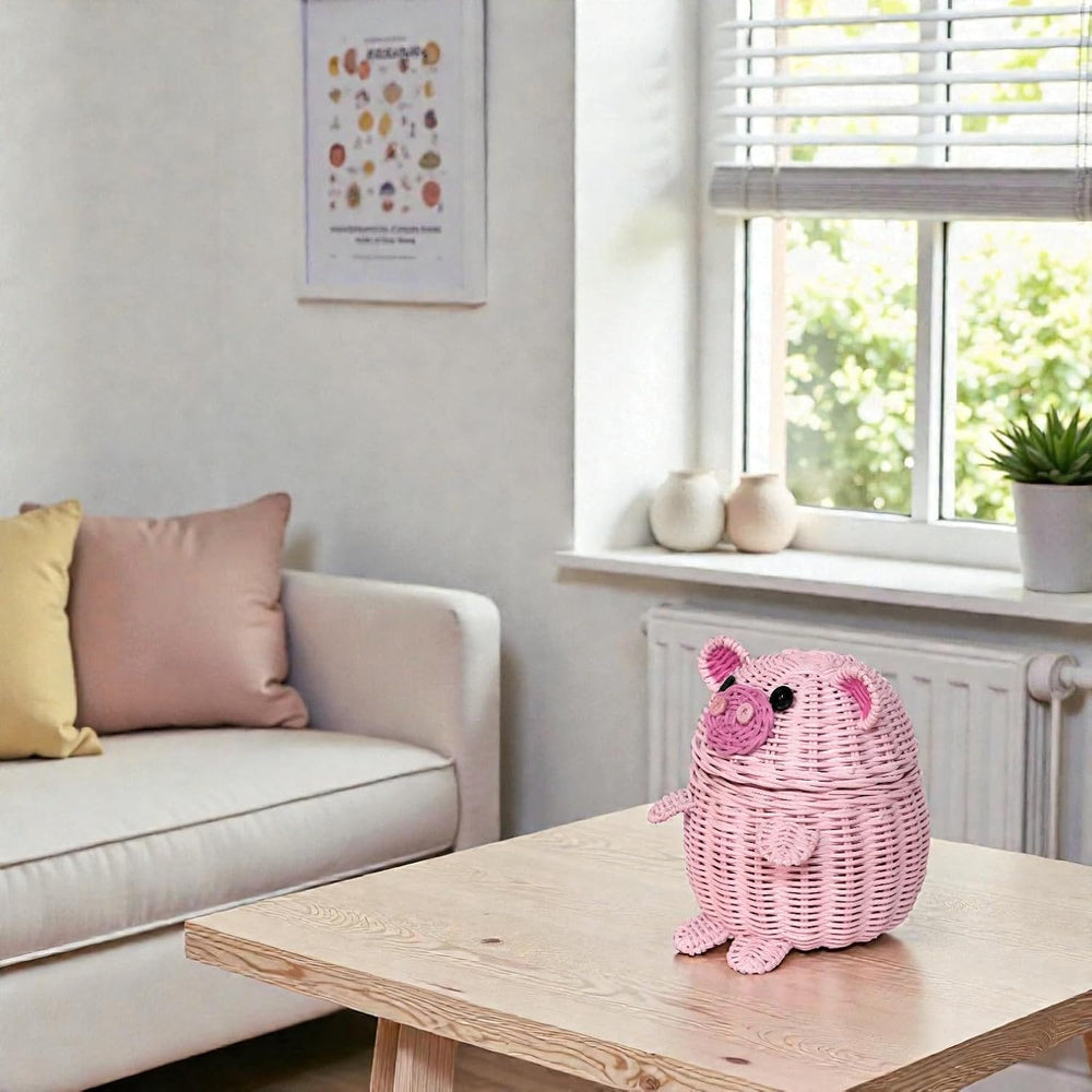 G6 COLLECTION Pig Rattan Storage Basket With Lid Decorative Bin Home Decor Ha...