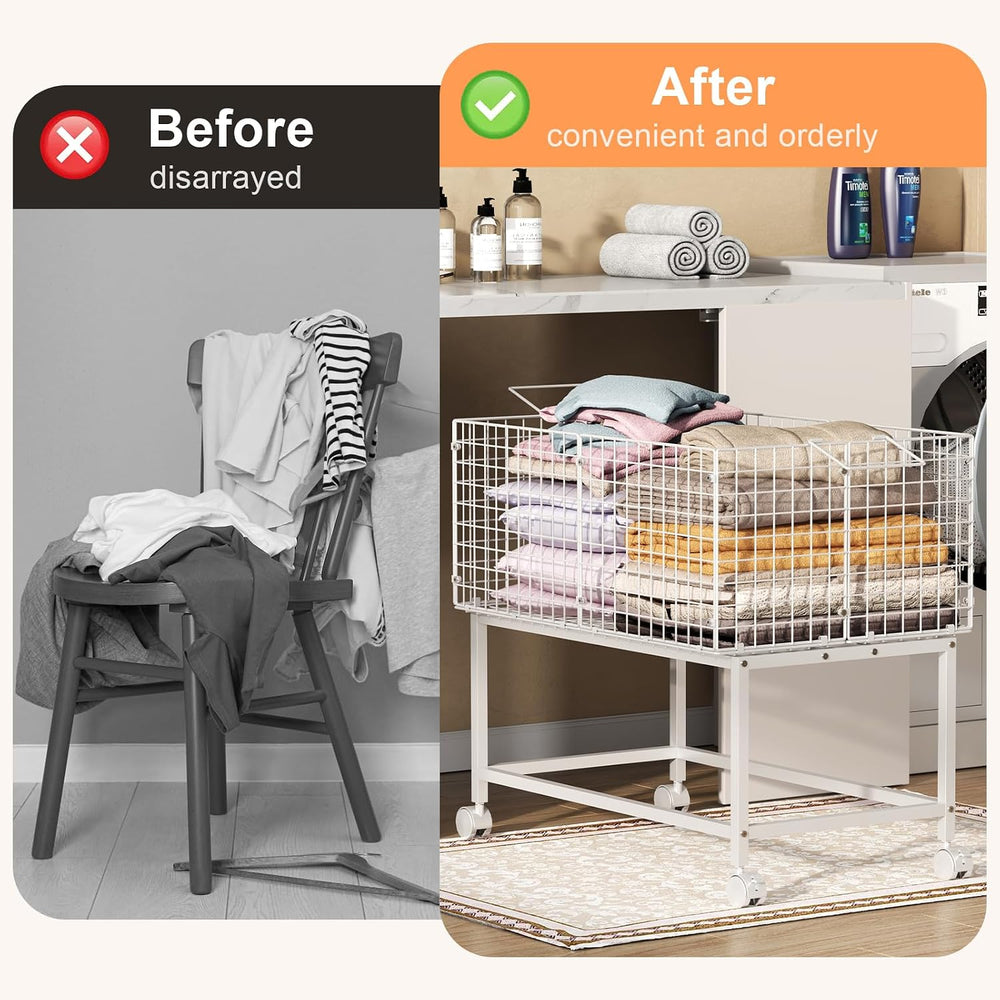 Large Rolling Laundry Basket Cart,Wire Laundry Hamper Cart with Handle and Wh...