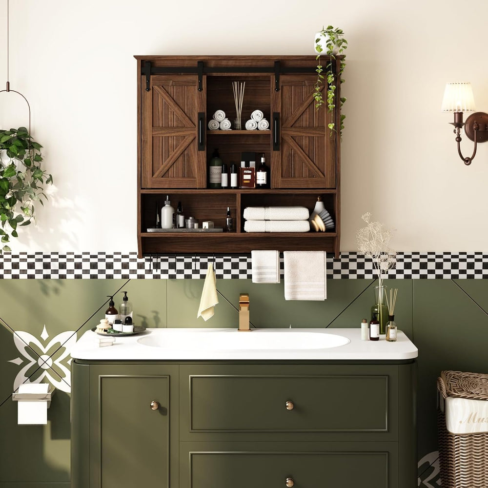 RUSTOWN Farmhouse Bathroom Wall Storage Cabinet with Sliding Barn Doors
