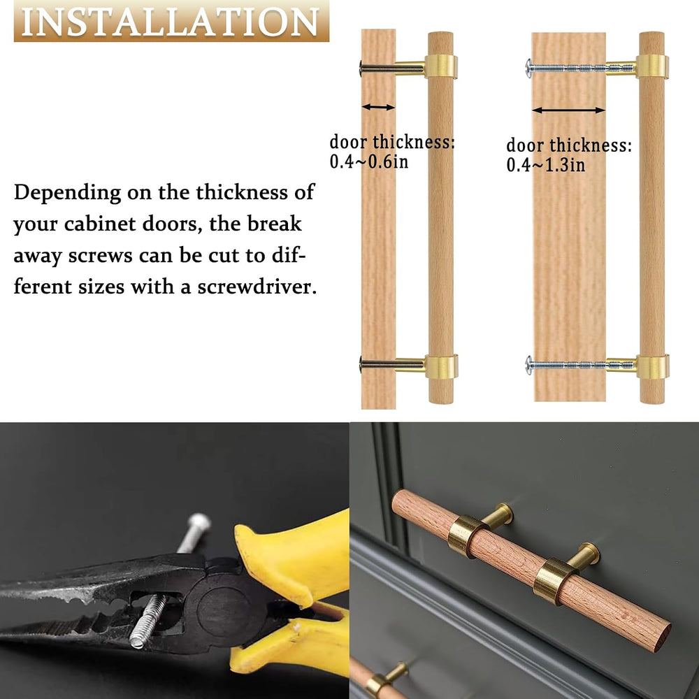 Adjustable Drawer Pulls Natural Wood and Brass Cabinet Handles for Kitchen Cu...