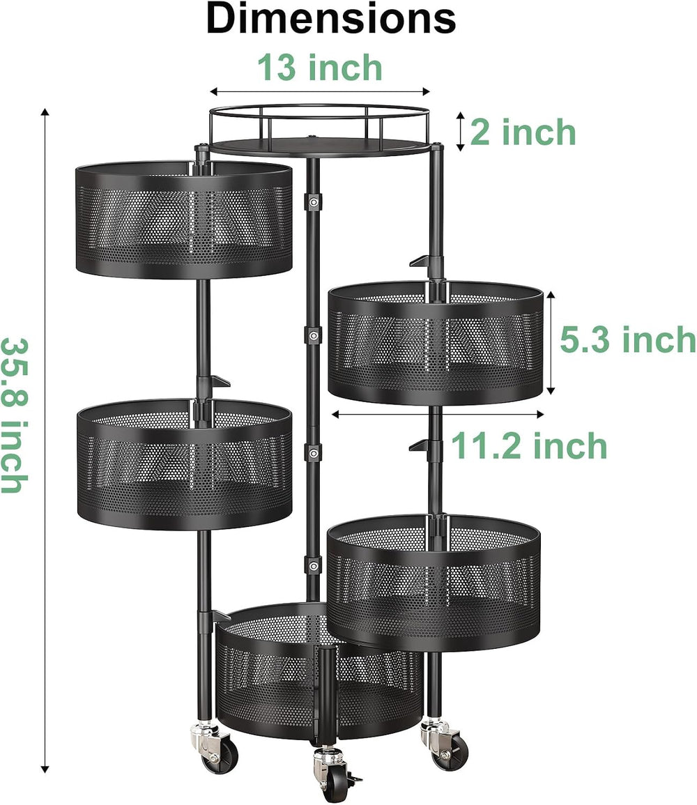 SAYZH 5 Tier Fruit Vegetable Basket Stand for Kitchen, Rotating, Black