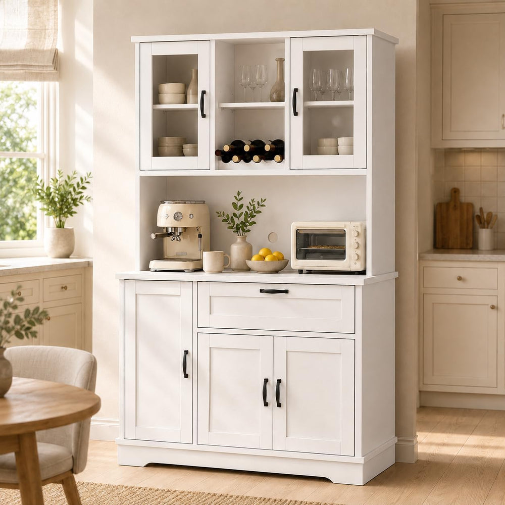 Nuturelly 68" Tall Kitchen Pantry Cabinet with Microwave Stand, White