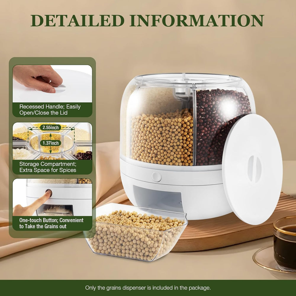 Grain Storage Container Dispenser 360° 6 Grids Rotating Food Dispenser Kitche...