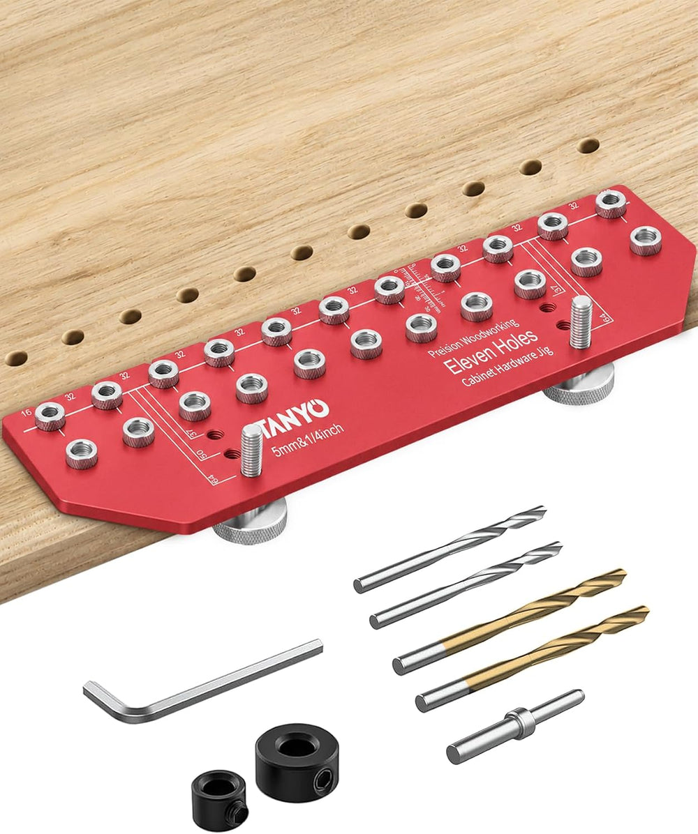TANYO 11-Hole Shelf Pin Jig, 1/4" & 5mm Drill Bits, Cabinet Hardware