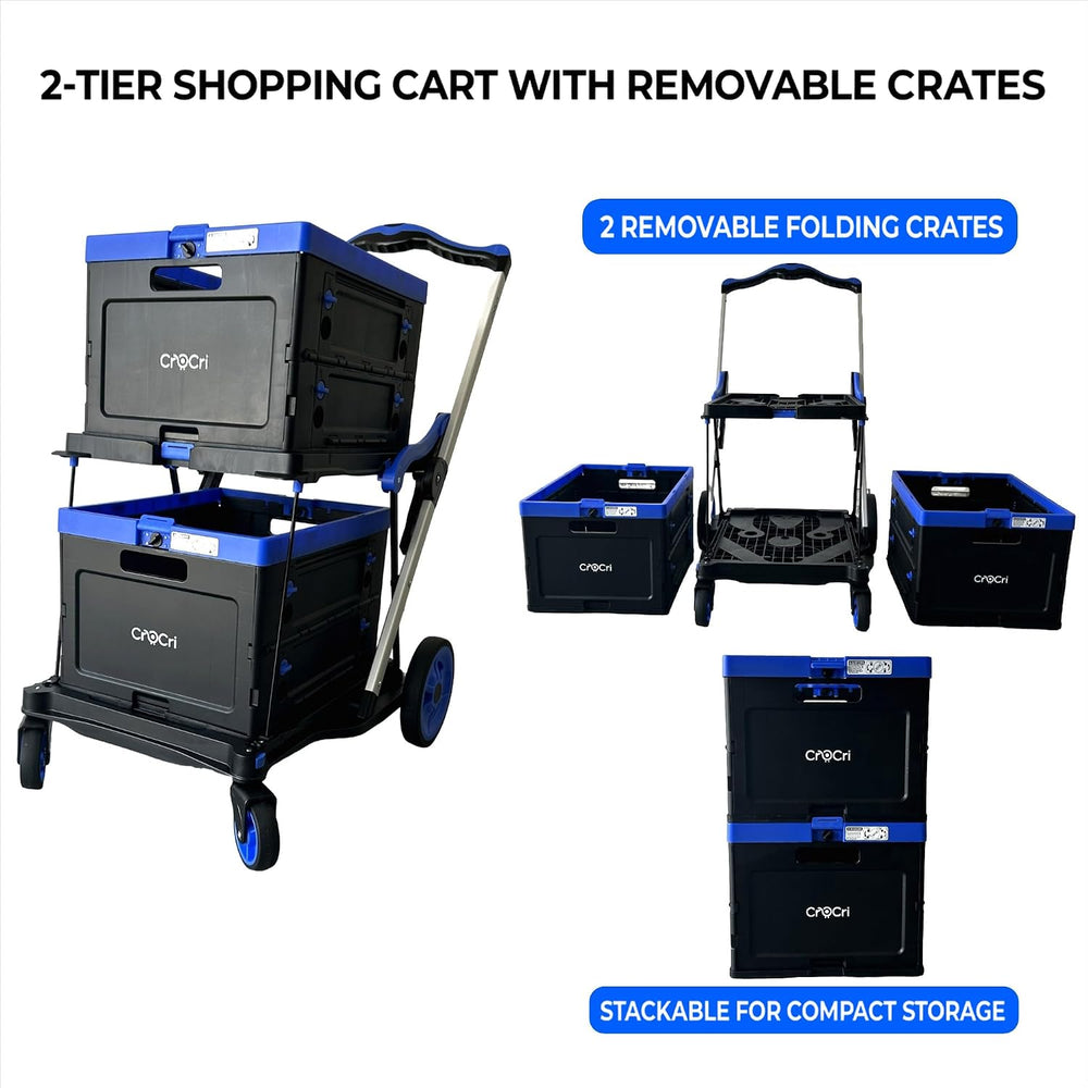 Collapsible Shopping Cart with Wheels, Foldable Shopping Cart with 2 Removabl...