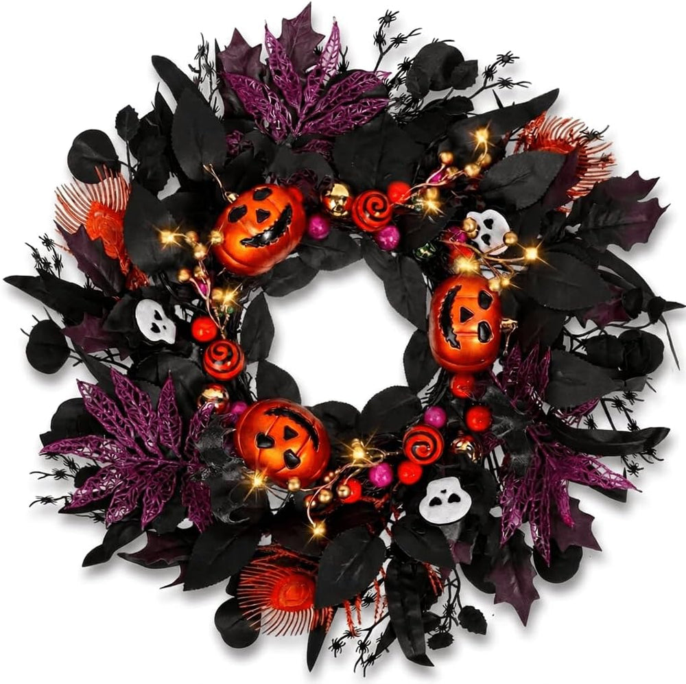 Halloween Wreath for Front Door, 24" Black Gothic Spooky Outdoor Décor