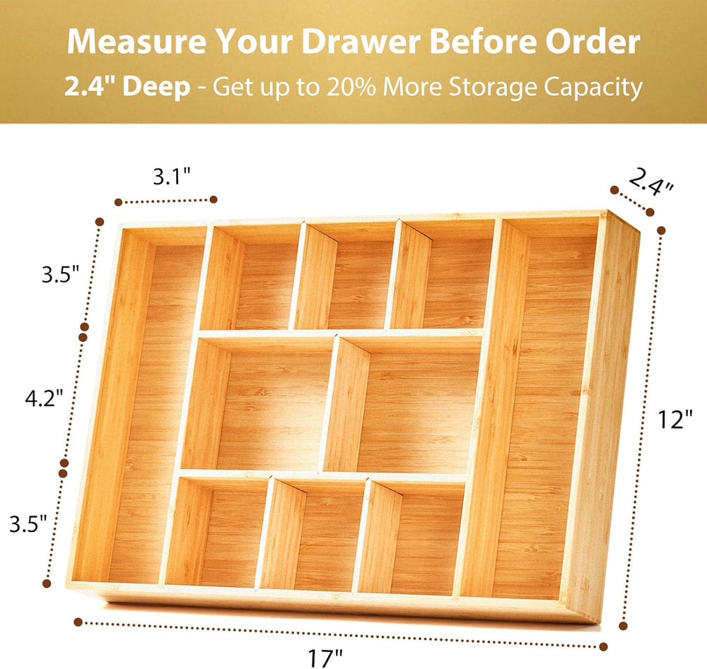 Extra Large Bamboo Desk Drawer Organizer, Wood Junk Organizer Tray with Adjus...