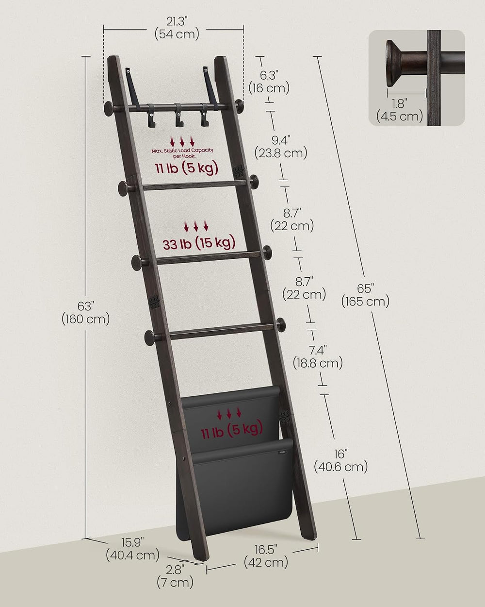VASAGLE Blanket Ladder, 5-Tier Pine Wood Ladder Shelf with PU Leather Bag