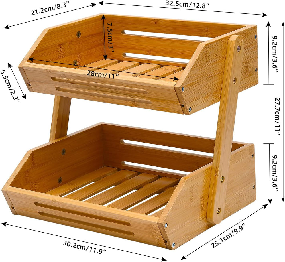 2-Tier Bamboo Fruit Basket - 11" Tall Kitchen Countertop Stand