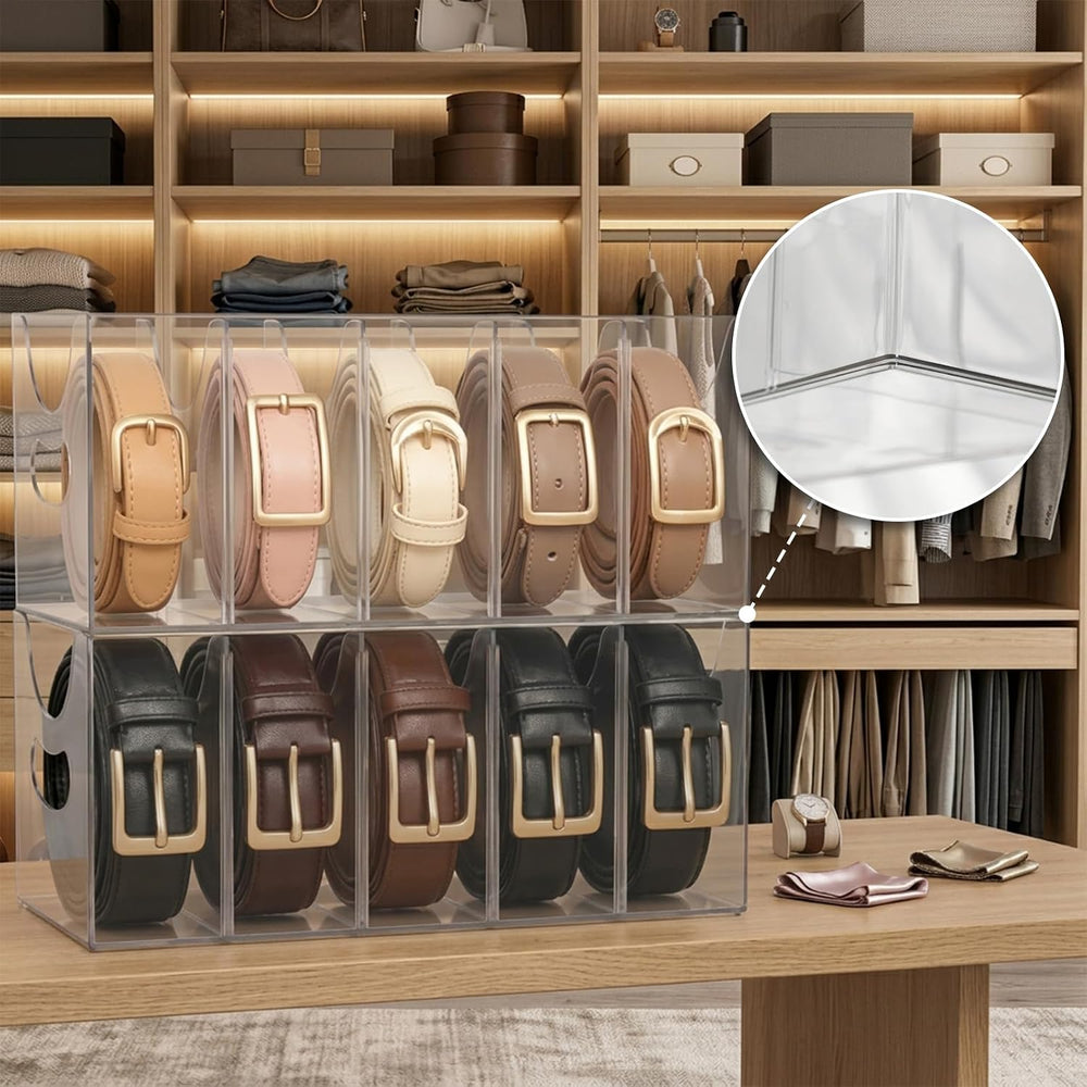 2 Pack Belt Organizer for Closet, 5 Compartments, Removable Dividers
