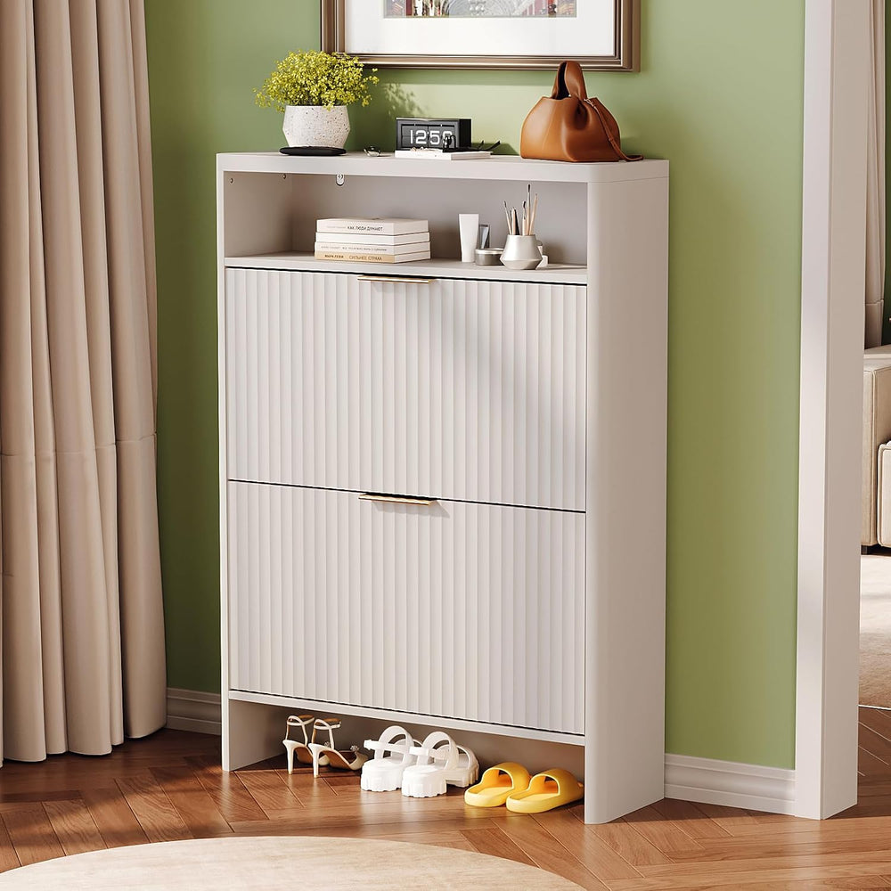 VINGLI White Slim Shoe Cabinet with Curved Edges, Modern Hidden Shoe Storage ...