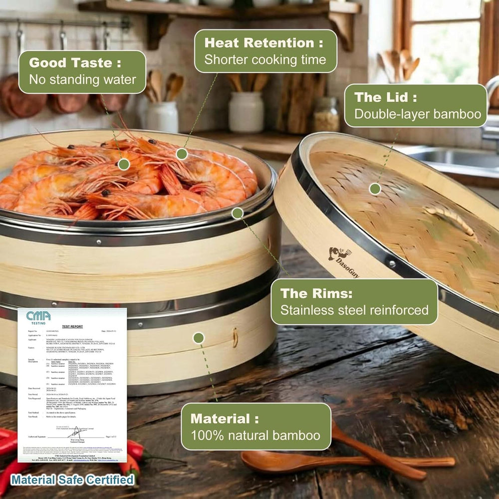 Bamboo Steamer Basket with Stainless Steel Rim 10 Inch Dumpling Steamer Kit